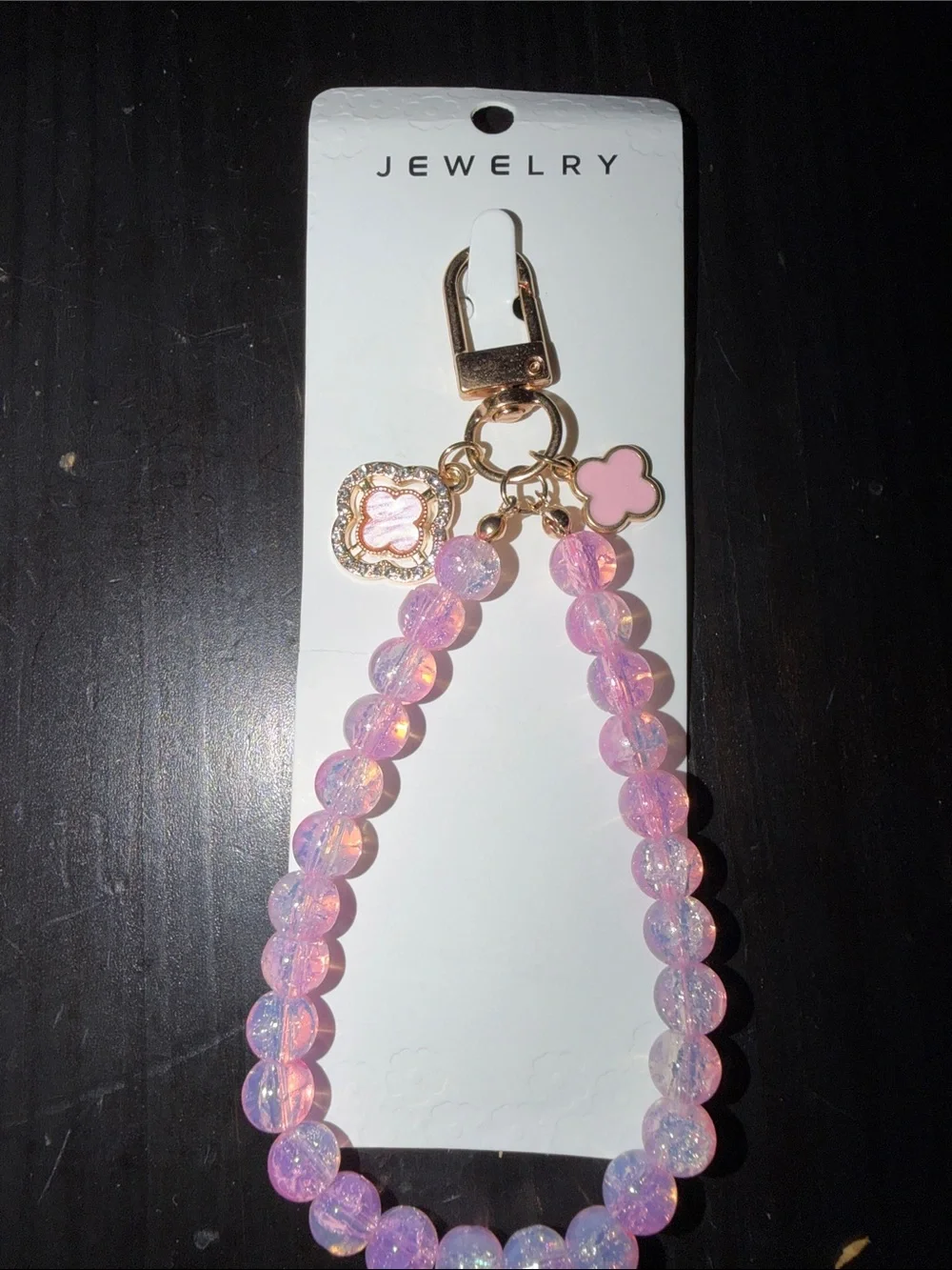 Pink Beaded Keychain Wristlet with Gold Accents